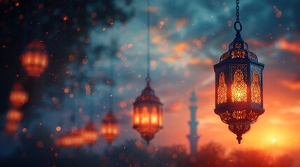 Fototapeta na wymiar Ramadan Mubarak background, Ramadan Kareem set of posters and showcasing elegant Islamic lanterns, and a arabic ornaments