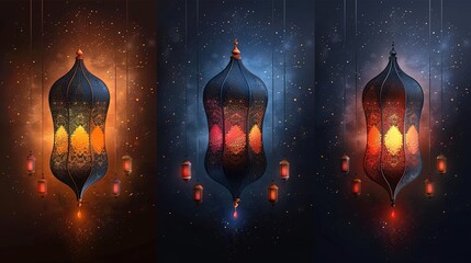 Ramadan kareem arabic calligraphy with three set color style, Ramadan Mubarak background, Ramadan Kareem set of posters and showcasing elegant Islamic lanterns, and a arabic ornaments