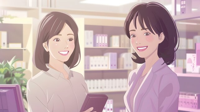 Friendly conversation between two animated women in a cozy setting. joyful expressions, casual attire, modern lifestyle illustration. AI