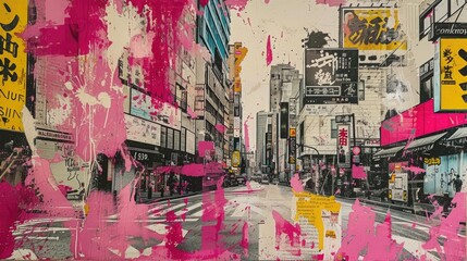 Generative AI, grunge pink and yellow collage poster with asian cityscape, anime style, different mixed textures