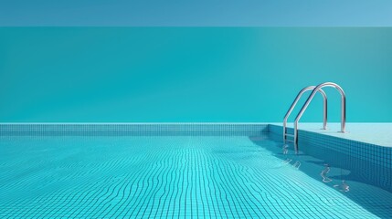 Closeup clean blue swimming pool with ladder