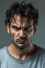 Obraz premium Angry serious hispanic man looking at the camera on gray background headshot mugshot