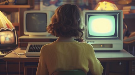 Rear view of a woman sitting in front of retro computer