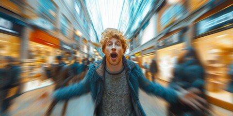 A mature red-headed Caucasian man exudes confidence and sophistication as he strikes a dynamic pose against the blurred backdrop of a modern, motion-blurred shopping mall filled with bustling shoppers