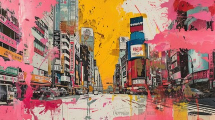 Generative AI, grunge pink and yellow collage poster with asian cityscape, anime style, different mixed textures - obrazy, fototapety, plakaty