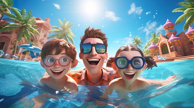 Happy and beautiful family, dad and children, enjoying a refreshing swim in a hotel pool during a relaxing vacation. Father and daughters