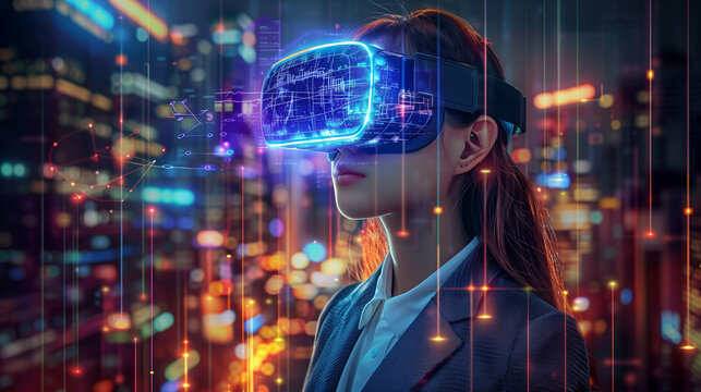 Businesswoman in sleek suit immerses herself in virtual reality to interact with digital charts