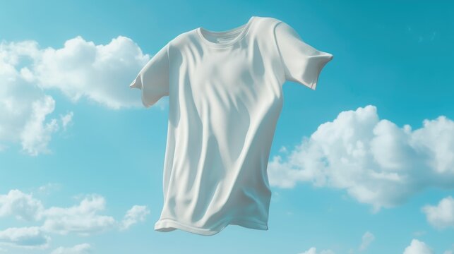 Clean blue t-shirt floating on a blue sky background