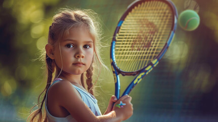 Girl child playing tennis and holding tennis racket ready to hit a ball