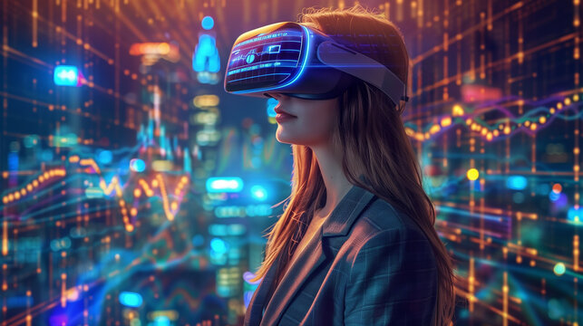 Digital immersion: female executive dons a VR headset to engage with virtual charts in office - Powered by Adobe