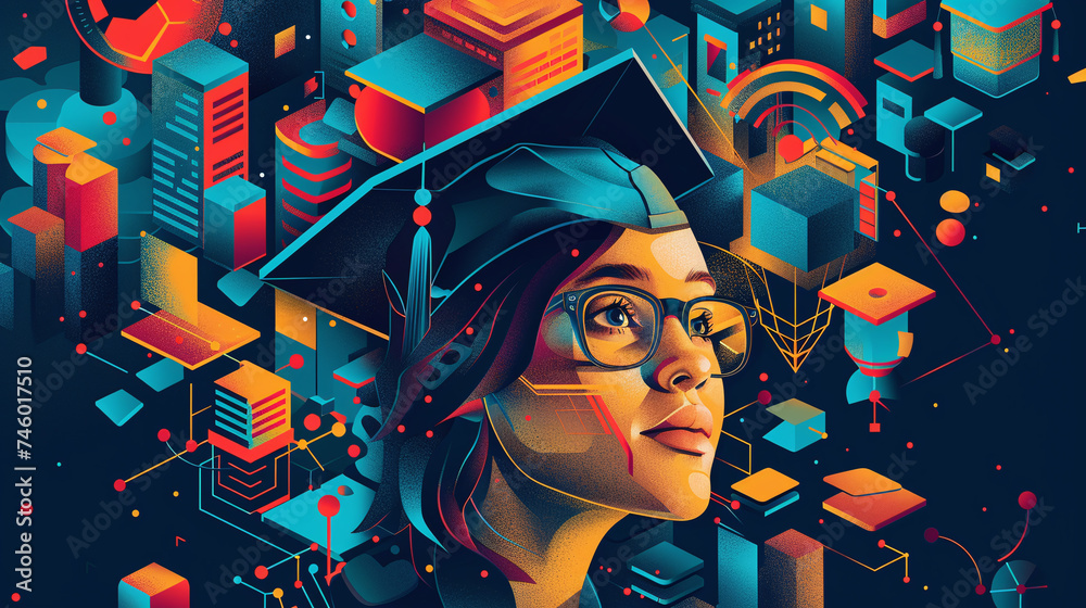 Wall mural female student wearing graduation cap in network illustration