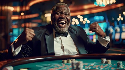 Joyful man celebrating a big win at the casino. victory, excitement, and entertainment captured in a vibrant lifestyle photo. perfect for gaming promotions. AI - obrazy, fototapety, plakaty