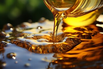 Flowing vegetable oil in stream, healthy cooking concept for sale on stock photos. - obrazy, fototapety, plakaty