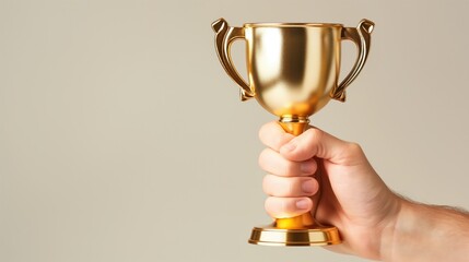 Closeup male winner hand holding golden trophy cup on isolated color background