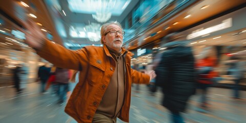 A senior red-headed Caucasian man exudes timeless charm and confidence as he strikes a dynamic pose against the blurred backdrop of a modern, motion-blurred shopping mall filled with bustling shoppers - obrazy, fototapety, plakaty