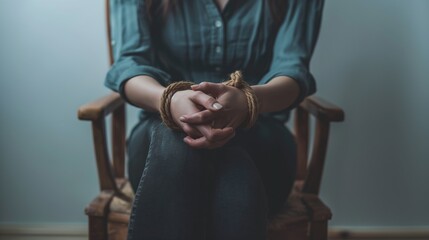 Closeup woman sitting on the chair with tied hands by rope 