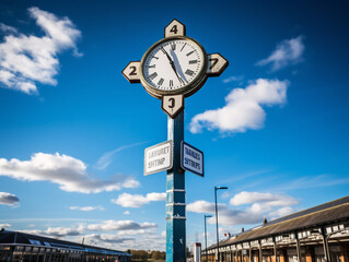 Fototapeta na wymiar Vintage train station sign with blue background, showcasing a timeless charm and historic transportation nostalgia.