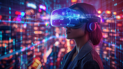 Virtual empowerment: businesswoman embraces VR technology to manipulate charts and graphs