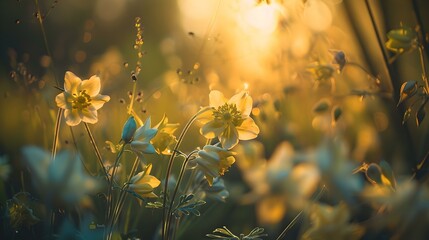 Idyllic wildflowers basking in golden sunset light, nature scene with warm colors. beautiful floral background with a dreamy feel. AI