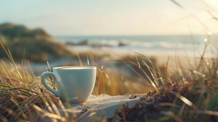 Indulge in serenity with our coastal coffee images. Immerse yourself in the morning ritual with a white espresso cup against an ocean backdrop—captured with a dreamy shallow depth of field - obrazy, fototapety, plakaty