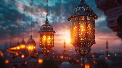 Ramadan Mubarak crescent moon template showcasing elegant, Ramadan Kareem set of posters and showcasing elegant Islamic lanterns, and a arabic ornaments