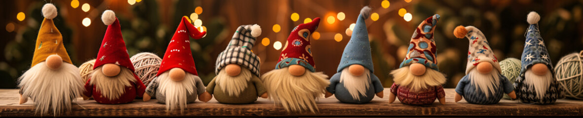 A charming row of Christmas gnomes in colorful attire, set against a backdrop of warm festive bokeh lights.