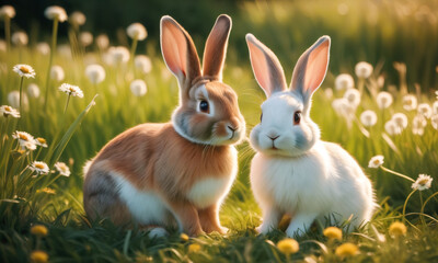 Two cute adorable rabbits sitting in a grassy field. Easter bunnies on spring meadow lawn with green grass and flowers, clear sunny day. Warm and friendly atmosphere, pleasant weather.