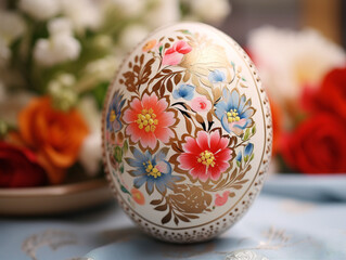 Vibrantly colored Easter egg with intricate design and shimmering details up close and personal.