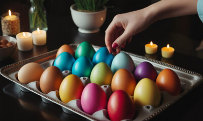 Female hands holding colorfully decorated Easter eggs. Natural and patterned eggs placed on the front. Woman placing a painted Easter egg back in the carton with eggs dyed red, yellow, green and blue - Powered by Adobe