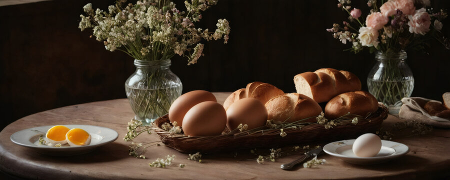 Easter preparations. Easter eggs, easter bread, butter, green branches and yellow spring flowers on rustic wooden table with candle. Traditional Easter Food. Wide banner