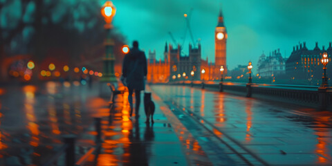 Rainy Twilight Wander: A Person and Their Dog on a Misty London Street. Generative AI.