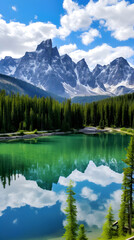 Fototapeta na wymiar Enthralling Beauty of Pristine Snow-Capped Peaks and Dense Forests Reflected in the Serenity of a Lake