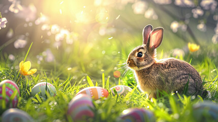 easter bunny in the grass with easter eggs - obrazy, fototapety, plakaty