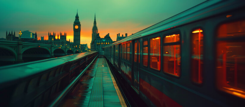 Sunset Serenade: The London Skyline Silhouetted Against a Glowing Sky, Viewed from a Train Platform. Generative AI.
