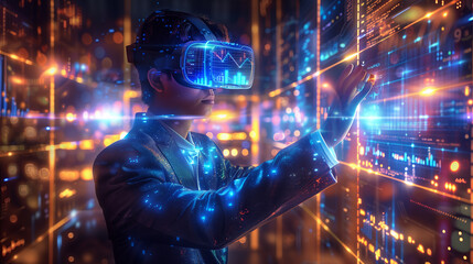 Cutting-edge businessman: Businessman immerses himself in VR to interact with digital charts