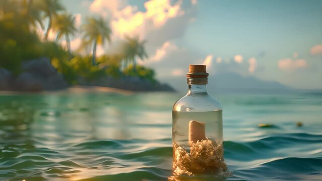 bottle with rolled up letter in it floating in water, generative ai