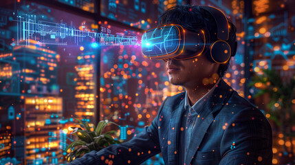 Digital immersion: executive dons a VR headset to engage with virtual charts in office