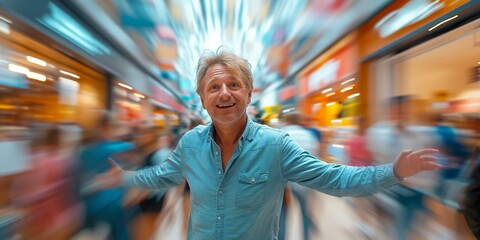 A mature blonde Caucasian man exudes confidence and sophistication as he strikes a dynamic pose against the blurred backdrop of a modern, motion-blurred shopping mall filled with bustling shoppers.
