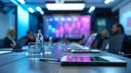 Foto op Plexiglas An executive briefing with top management, discussing company-wide goals with a sleek, futuristic presentation in the background, business meeting, blurred background, with copy space © Катерина Євтехова