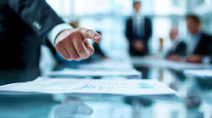 Fototapeta premium A strategic planning session with a leader pointing to key objectives on a roadmap spread across the meeting table, business meeting, blurred background, with copy space