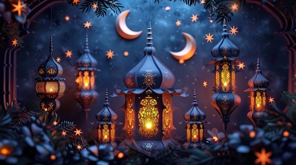 Ramadan Mubarak template with a 3D paper-cut aesthetic showcasing elegant, Ramadan Kareem set of posters or invitations design paper cut islamic lanterns, stars and moon on gold and violet background