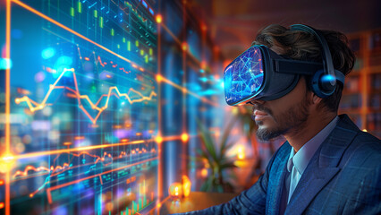 Virtual empowerment: Businessman embraces a VR technology to manipulate digital charts and graphs