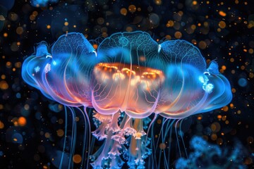 A jellyfish overlaid with underwater bioluminescent organisms in a double exposure