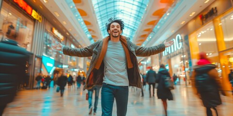 A young black-haired Caucasian man exudes confidence and charisma as he strikes a dynamic pose against the blurred backdrop of a modern, motion-blurred shopping mall filled with bustling shoppers.