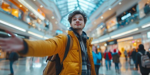 A young black-haired Caucasian man exudes confidence and charisma as he strikes a dynamic pose against the blurred backdrop of a modern, motion-blurred shopping mall filled with bustling shoppers.