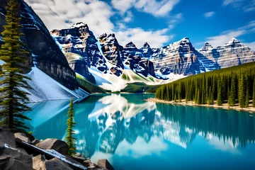 Foto op Canvas Enthralling Beauty of Pristine Snow-Capped Peaks and Dense Forests Reflected in the Serenity of a Lake © Bobby