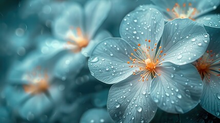 cinematic blue flowers with dew drops on petals , macro flower for Ramadan and gallery work - obrazy, fototapety, plakaty