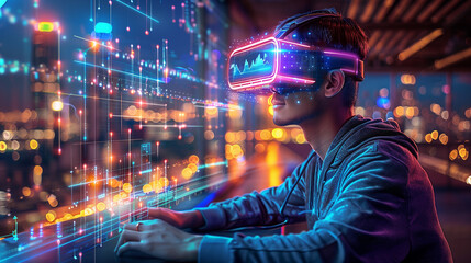 Executive immersion: businessman embraces VR technology to engage with virtual charts in office