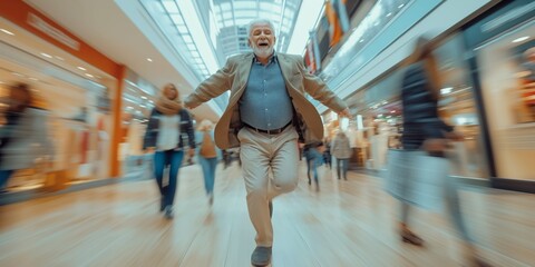 A senior blonde Caucasian man exudes timeless charm and confidence as he strikes a dynamic pose against the blurred backdrop of a modern, motion-blurred shopping mall filled with bustling shoppers.