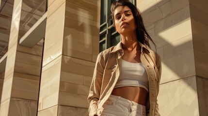 Fototapeta premium Portrait of a young brunette woman in a beige jacket and white shorts on the street, ai generative